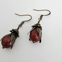 Red Glass Beads Floral  Earrings antique bronze