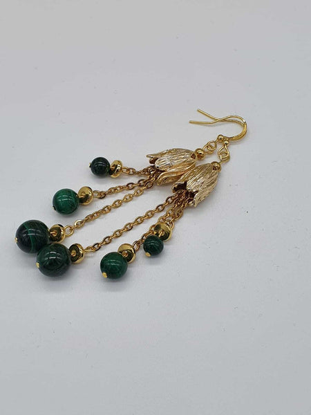Genuine Malachite Gemstone Floral 18K Gold Plated Dangle Drop Earrings
