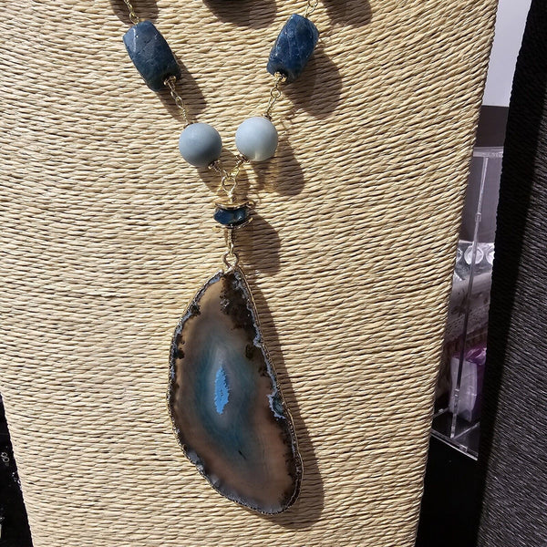 Teal Blue Agate, Amazonite & Apatite, 18K Gold Plated 4in1 Statement Necklace