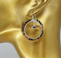Rainbow Tourmaline Hoop Earrings 925 Sterling Silver Artisan Hand Crafted
