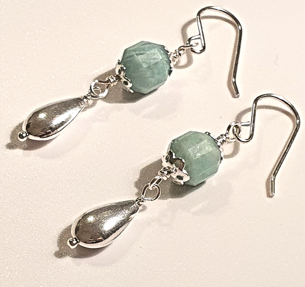 Faceted Amazonite 925 Sterling Silver Long Drop Earrings