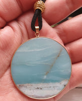 Round Amazanonite Pendant with Black Velvet Cord- Gold Plated Stainless Steel