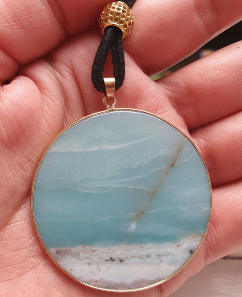 Round Amazanonite Pendant with Black Velvet Cord- Gold Plated Stainless Steel