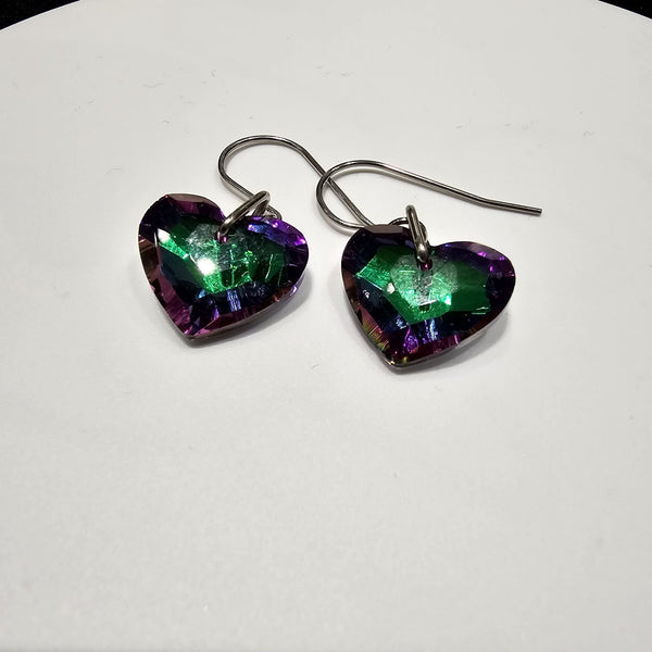 Green-Purple AB Crystal Hearts Stainless Steel  Earrings