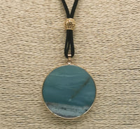 Round Amazanonite Pendant with Black Velvet Cord- Gold Plated Stainless Steel