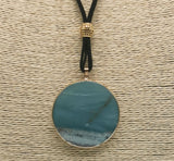Round Amazanonite Pendant with Black Velvet Cord- Gold Plated Stainless Steel