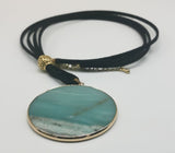 Round Amazanonite Pendant with Black Velvet Cord- Gold Plated Stainless Steel
