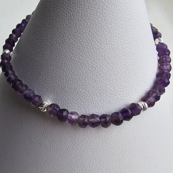 925 Sterling Silver & Amethyst Bracelet with Clasp and Extender Chain 7"