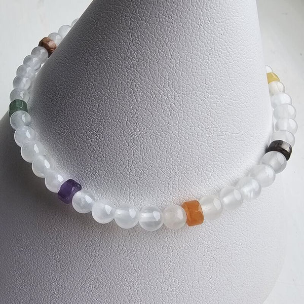 925 Sterling Silver Selenite & Colorful Gemstones Bracelet with extender chain