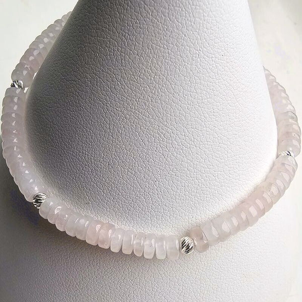 925 Sterling Silver & Rose Quartz Rondelle Bracelet with Extender Chain 7"