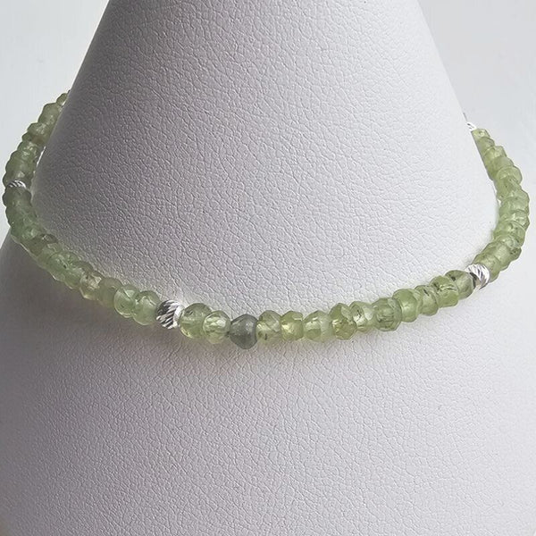 925 Sterling Silver & Peridot Gemstone Beads Bracelet with Extender Chain 7.5"