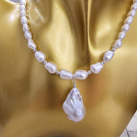 White Freshwater Natural Pearls Necklace, with Big Baroque Drop Pearl Pendant