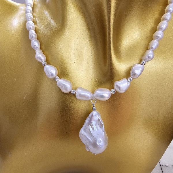 White Freshwater Natural Pearls Necklace, with Big Baroque Drop Pearl Pendant