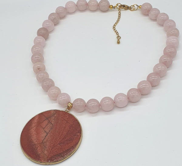 Red Jasper and Rose Quartz 18K Gold Plt Choker Statement Necklace