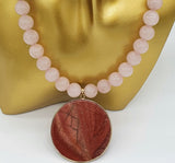 Red Jasper and Rose Quartz 18K Gold Plt Choker Statement Necklace
