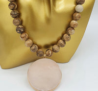 Picture Jasper and Rose Quartz 18K Gold Plt Choker Statement Necklace