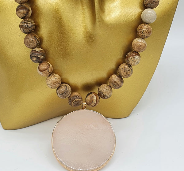Picture Jasper and Rose Quartz 18K Gold Plt Choker Statement Necklace
