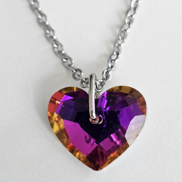 Purple-Orange AB Crystal Heart Stainless Steel Chain Necklace