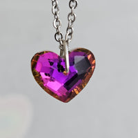 Purple-Orange AB Crystal Heart Stainless Steel Chain Necklace