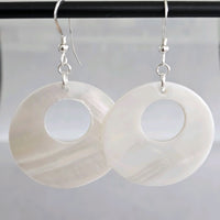 White Mother Of Pearls Big Round Disk 925 Sterling Silver Earrings
