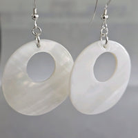 White Mother Of Pearls Big Round Disk 925 Sterling Silver Earrings
