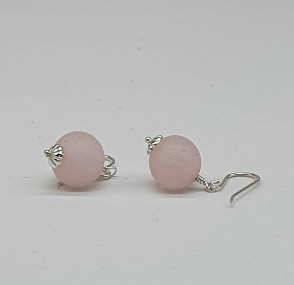Frosted Rose Quartz Bead 925 Sterling Silver Earrings