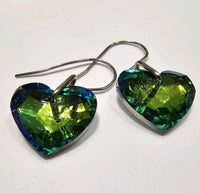 Green AB Sun Catching Crystal Hearts Stainless Steel Hypoallergenic Earrings