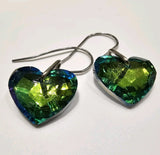 Green AB Sun Catching Crystal Hearts Stainless Steel Hypoallergenic Earrings