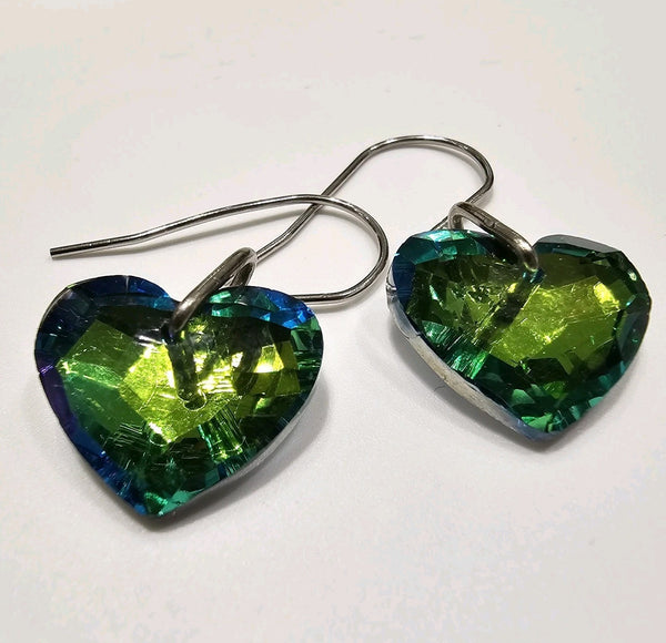 Green AB Crystal Hearts Stainless Steel  Earrings
