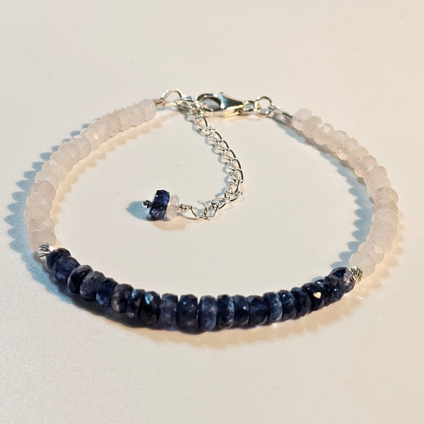 Kyanite & Rose Quartz 925 Sterling Silver Bracelet with Extender Chain 7"
