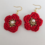 Red Cotton Crochet Flower with Pearl - Gold Plated Earrings