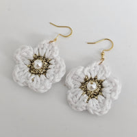 White Cotton Crochet Flower with Pearl - Gold Plated Earrings