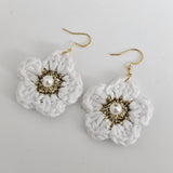 White Cotton Crochet Flower with Pearl - Gold Plated Earrings