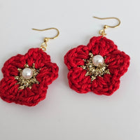 Red Cotton Crochet Flower with Pearl - Gold Plated Earrings