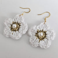 White Cotton Crochet Flower with Pearl - Gold Plated Earrings