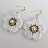 White Cotton Crochet Flower with Pearl - Gold Plated Earrings