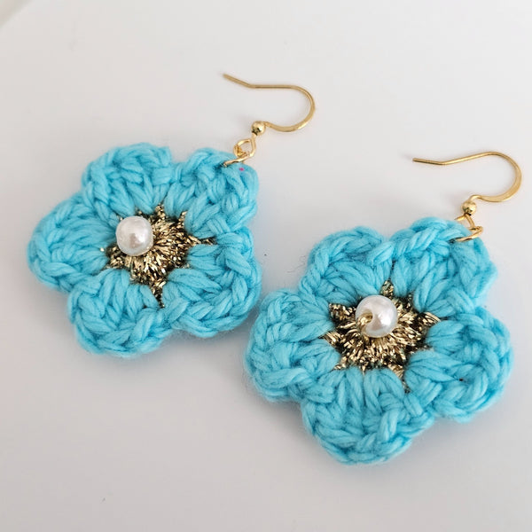 Turquoise Cotton Crochet Flower with Pearl - Gold Plated Earrings