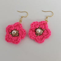 Rose Pink Cotton Crochet Flower with Pearl - Gold Plated Earrings