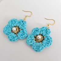 Turquoise Cotton Crochet Flower with Pearl - Gold Plated Earrings