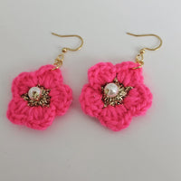 Rose Pink Cotton Crochet Flower with Pearl - Gold Plated Earrings