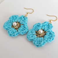Turquoise Cotton Crochet Flower with Pearl - Gold Plated Earrings