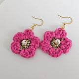 Pink Cotton Crochet Flower with Pearl - Gold Plated Earrings