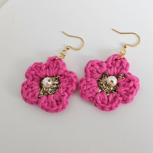 Pink Cotton Crochet Flower with Pearl - Gold Plated Earrings