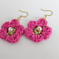 Pink Cotton Crochet Flower with Pearl - Gold Plated Earrings