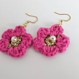 Pink Cotton Crochet Flower with Pearl - Gold Plated Earrings