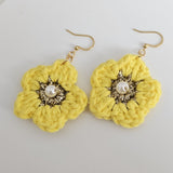 Yellow Cotton Crochet Flower with Pearl - Gold Plated Earrings