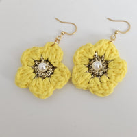 Yellow Cotton Crochet Flower with Pearl - Gold Plated Earrings
