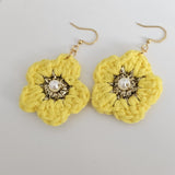Yellow Cotton Crochet Flower with Pearl - Gold Plated Earrings