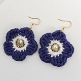 Dark Purple Cotton Crochet Flower with Pearl - Gold Plated Earrings