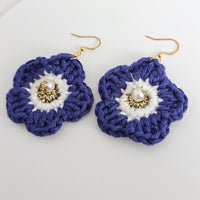 Dark Purple Cotton Crochet Flower with Pearl - Gold Plated Earrings
